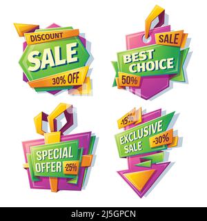 Vector Cartoon Verkauf Banner, Abzeichen, Aufkleber, Tags für einen großen Urlaub Verkauf, schwarzer Freitag, Sonderangebot, beste Wahl, exklusiver Verkauf. Vorlage von Adve Stock Vektor