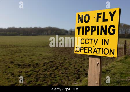 Gelbes Schild ohne Fliegenkippen an der Seite der Pferdehalmen Stockfoto