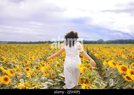 Rückansicht schönes Mädchen mit lockigen Haaren in einem weißen Kleid läuft durch ein Feld von gelb blühenden Sonnenblumen. Blauer düsterer Himmel vor dem Sturm. Weicher, selektiver Fokus auf das Foto. Stockfoto