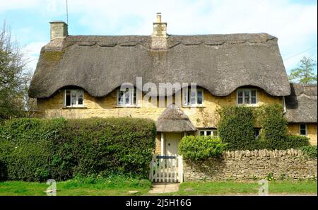 Reetgedeckte Hütte Kingham Village Oxfordshire Stockfoto