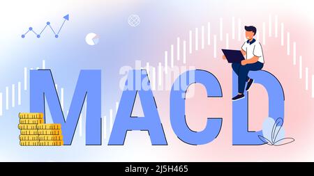 MACD Moving Average Convergence Divergence indicator technische Analyse Aktien- und Kryptowährungsdiagramm, Forex-Analysen und Trading-Markt ch Stock Vektor