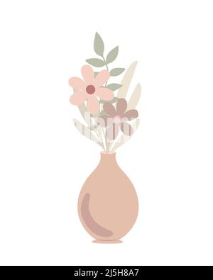 Bohemian Vase mit fancy hellorange Blumen in einfachen flachen Stil abstrakt Vektor pastellfarben Illustration, trendige minimalistische gemütliche Wohnkultur Konzept, romantische Grußkarte, Einladung Stock Vektor