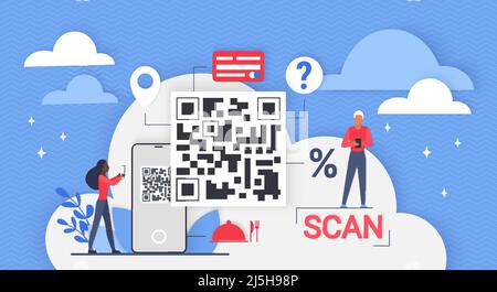 QR-Code, Online-Geld. Kleine Menschen mit Mobiltelefonen in den Händen scannen Barcodes für bargeldlose Zahlung und Transaktion, kaufen Kunden mit Scanner-Anwendung in Smartphones flache Vektor-Illustration Stock Vektor