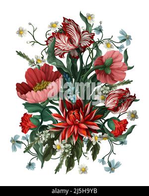 Bouquet mit Vintage-Blumen wie Tulpe, Mohnblumen und Kamillen. Klassische Vektortapete. Stock Vektor