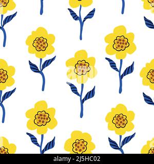 Nahtloses Muster mit blauen und gelben schlichtweg Blüten. Vektor. Stock Vektor