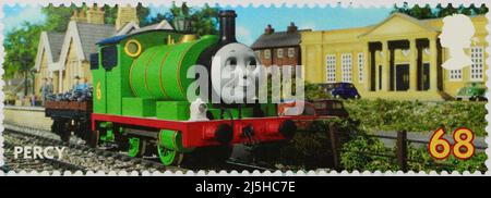 Foto einer britischen Briefmarke aus der Serie Thomas the Tank Engine mit einer Illustration von Percy 2011 Stockfoto