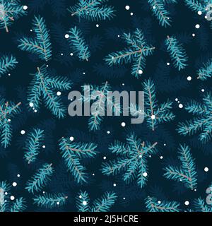 Urlaub Kiefer Zweige nahtlose blauen Hintergrund. Vektormuster Weihnachten. Vorlage für festliche Illustrationen zum neuen Jahr. Stock Vektor