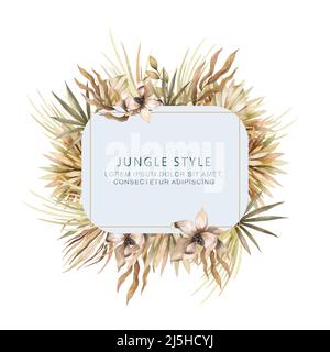 Hochzeit getrocknete Lunaria, Orchidee, Pampas Gras Blumenkranz. Exotische getrocknete Blumen, Palmblätter Boho Einladungskarte. Aquarell-Vorlagenrahmen, speichern Stockfoto