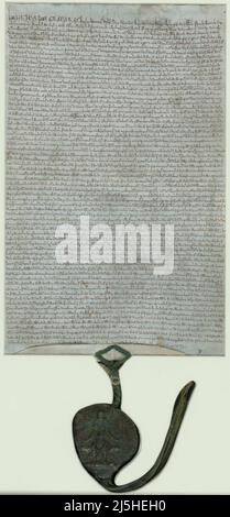 Eine Kopie des Magna Cartar aus dem Jahr 1225, die in der British Library aufbewahrt wird, mit dem königlichen großen Siegel Stockfoto