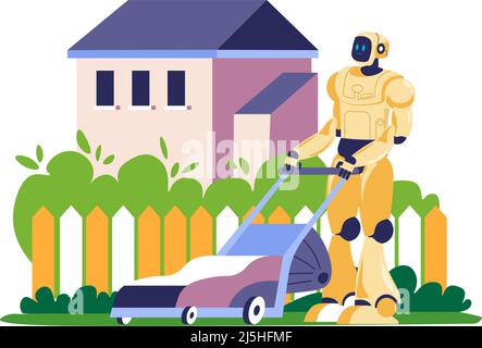 Roboter hilft, Rasen im Hinterhof zu mähen, Vektor Stock Vektor