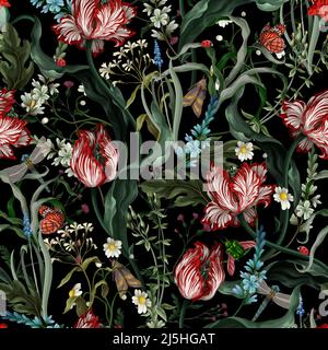 Nahtloses Muster mit Vintage-Tulpen. Klassische Vektorgrafik. Stock Vektor