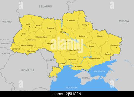 Karte der Ukraine mit Städten und Regionalgrenzen, politische Übersichtskarte der Ukraine mit schwarzem und Asowschen Meer, Krim und Ländern. Konzept der Ukraine-Rus Stockfoto