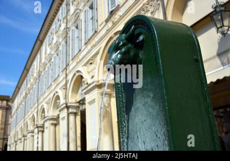 Turin, Piemont, Italien - der Toret, traditioneller öffentlicher Wasserbrunnen mit grüner Stierform, Symbol der Stadt. Stockfoto