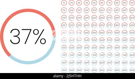 Satz von Farbkreis Prozentmetern von 0 bis 100 für Infografik, Benutzeroberfläche Design UI. Farbenfrohes Kreisdiagramm, Download-Fortschritt. Kreisdiagramm Stock Vektor