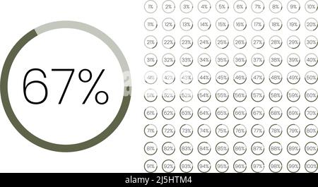 Satz von Farbkreis Prozentmetern von 0 bis 100 für Infografik, Benutzeroberfläche Design UI. Farbenfrohes Kreisdiagramm, Download-Fortschritt. Kreisdiagramm Stock Vektor
