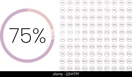 Satz von Farbkreis Prozentmetern von 0 bis 100 für Infografik, Benutzeroberfläche Design UI. Farbenfrohes Kreisdiagramm, Download-Fortschritt. Kreisdiagramm Stock Vektor