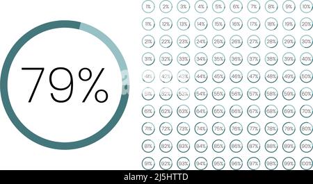 Satz von Farbkreis Prozentmetern von 0 bis 100 für Infografik, Benutzeroberfläche Design UI. Farbenfrohes Kreisdiagramm, Download-Fortschritt. Kreisdiagramm Stock Vektor