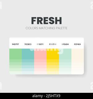 Frische Farbpaletten oder Farbschemata sind in diesem Jahr Trendkombinationen und Palettenführer; Tabellenfarbtöne in RGB oder HEX. Ein Farbfeld Stock Vektor