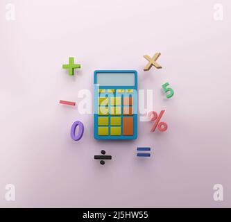Minimal bunten Rechner mit mathematischen Funktionssymbolen Symbol 3D Rendering Illustration Stockfoto