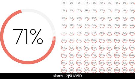 Satz von Farbkreis Prozentmetern von 0 bis 100 für Infografik, Benutzeroberfläche Design UI. Farbenfrohes Kreisdiagramm, Download-Fortschritt. Kreisdiagramm Stock Vektor