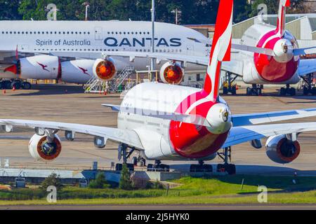 Qantas jets am Sydney (Kingsford Smith) Airport in Sydney, Australien. Stockfoto