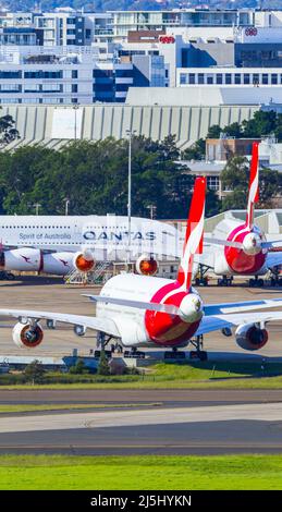 Qantas jets am Sydney (Kingsford Smith) Airport in Sydney, Australien. Stockfoto