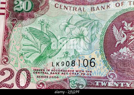 Ein kupferwühliger Kolibri, der von einer Blume ernährt wird. Ein Teil der Dekoration auf einer gebrauchten 20-Dollar-Banknote aus Trinidad und Tobago. Stockfoto