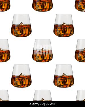 Nahtloses Muster - Gläser Whisky auf weißem Hintergrund Stockfoto