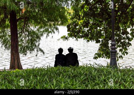 Zwei Menschen sitzen zusammen im Gras und blicken auf den See in der Altstadt von Hanoi. Stockfoto