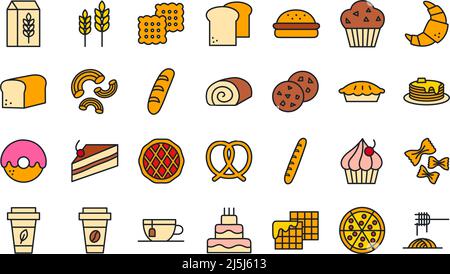 Brot, Backwaren, Gebäck und Süßwaren Icon-Set. Isolierte Farbsymbole für Linien Stock Vektor