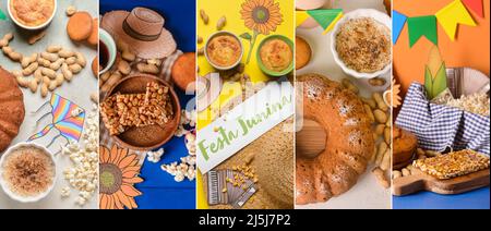 Collage von traditionellen leckeren Speisen für Festa Junina (Juni-Festival) Stockfoto