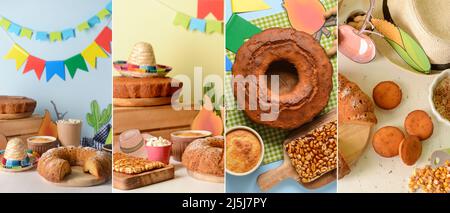 Collage von traditionellen leckeren Speisen für Festa Junina (Juni-Festival) Stockfoto