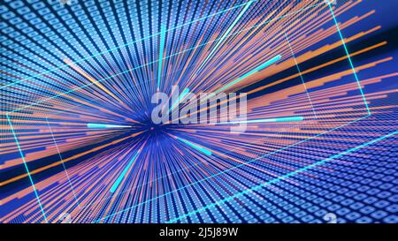Technologie Neon glühen Bewegung in Perspektive - Weitwinkel-Ansicht von Rohren, Linien, Laser, Indikatoren in nebligen elektrischen Atmosphäre, IT-Business-Hintergrund Stockfoto