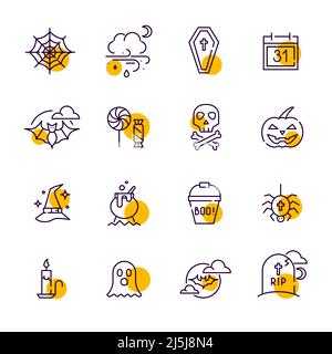 Fun Cartoon Halloween Linie Kunst Symbole. Sarg, Spinnennetz, Grab, Geist, Zaubertrank und Trick or Treat. Pixelgenaue, bearbeitbare Kontur Stock Vektor