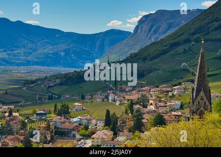 Blick auf das Dorf Tramin in Südtirol in Italien Stockfoto