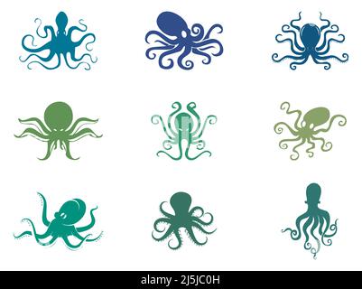 Octopus Vektor-Symbol in verschiedenen Farben auf weißem Hintergrund gesetzt Stock Vektor