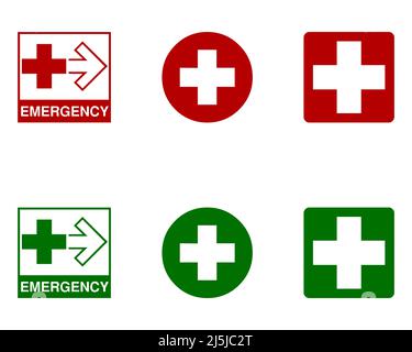 Symbole für medizinische Plus- und Notfallvektoren in grün und rot auf weißem Hintergrund Stock Vektor