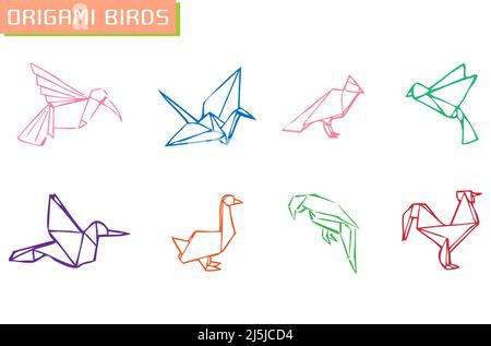 Origami Vögel Bunte flache Vektor-Symbol-Set Stock Vektor
