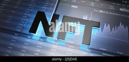 NFT nicht fungible Token, Dateneinheit in einer Blockchain gespeichert. Echtheitszertifikat und Eigentumsnachweis. Blaues Neonlicht und schwarzer Text. 3D Rendern Stockfoto