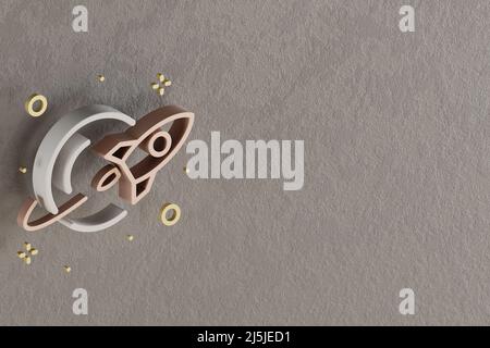 Schöne abstrakte Illustrationen Golden Rocket und Start Symbol Symbole auf einem grauen Wandhintergrund. 3D Rendering-Illustration. Hintergrundmuster für des Stockfoto