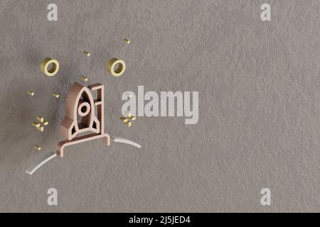 Schöne abstrakte Illustrationen Golden Rocket und Start Symbol Symbole auf einem grauen Wandhintergrund. 3D Rendering-Illustration. Hintergrundmuster für des Stockfoto