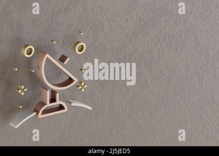Schöne abstrakte Illustrationen Golden Satellite und Start Symbol Symbole auf einem grauen Wandhintergrund. 3D Rendering-Illustration. Hintergrundmuster für Stockfoto