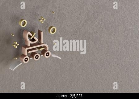 Schöne abstrakte Illustrationen Golden Rover und Satellite Symbol Symbole auf einem grauen Wandhintergrund. 3D Rendering-Illustration. Hintergrundmuster für Stockfoto