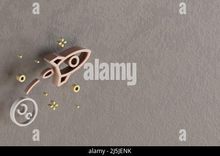 Schöne abstrakte Illustrationen Golden Rocket Launch Symbol-Symbole auf einem grauen Wandhintergrund. 3D Rendering-Illustration. Hintergrundmuster für Design Stockfoto