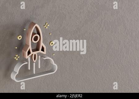 Schöne abstrakte Illustrationen Golden Rocket Starten und starten Symbol-Symbole auf einem grauen Wandhintergrund. 3D Rendering-Illustration. Hintergrundmuster Stockfoto