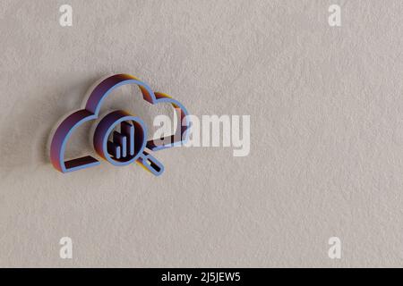 Schöne abstrakte Illustrationen blaue Wolke mit Such-Symbol-Icons auf einer Wand auf dem Hintergrund. 3D Rendering-Illustration. Hintergrundmuster für de Stockfoto