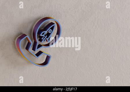 Schöne abstrakte Illustrationen blau Telefon mit Messenger Rakete Symbol-Symbole auf einer Wand beton Hintergrund. 3D Rendering-Illustration. Hintergrund-Pat Stockfoto