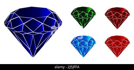Diamantvektorsymbole in Blau, Himmel, Rot und Grün. Satz von 5 Symbolen Stock Vektor
