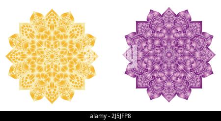 Helles buntes Mandala Set von 2 in gelber und violetter Farbe. Vektorgrafik Stock Vektor