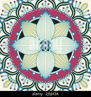 Mandala in gelb rosa rot und blau. Vektorgrafik Stock Vektor